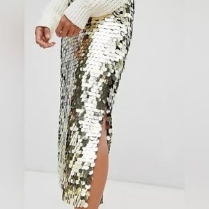 French Connection Gold Disc Sequin Maxi Skirt LARGE